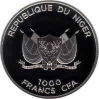 Niger coin 1000 Francs - The Flirt (2012) obverse obverse of 1000 Francs - The Flirt (2012) coin with KM# 21 from Niger. Inscription: REPUBLIQUE DU NIGER 1000 FRANCS CFA