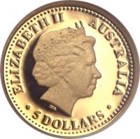 Australia coin 5 dollars - Elizabeth II - Discover Australia: Dolphins - 4'th Portrait (2008) obverse obverse of 5 dollars - Elizabeth II - Discover Australia: Dolphins - 4'th Portrait (2008) coin from Australia. Inscription: ELIZABETH II AUSTRALIA IRB · 5 DOLLARS ·
