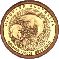 reverse of 5 dollars - Elizabeth II - Discover Australia: Dolphins - 4'th Portrait (2008) coin from Australia. Inscription: DISCOVER AUSTRALIA SB P 2008 DOLPHIN 1/25 OZ. 9999 GOLD