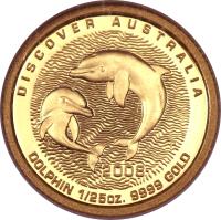 Australia coin 5 dollars - Elizabeth II - Discover Australia: Dolphins - 4'th Portrait (2008) reverse reverse of 5 dollars - Elizabeth II - Discover Australia: Dolphins - 4'th Portrait (2008) coin from Australia. Inscription: DISCOVER AUSTRALIA SB P 2008 DOLPHIN 1/25 OZ. 9999 GOLD
