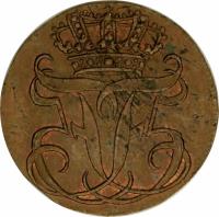 obverse of 1/2 Skilling Danske - Frederik IV (1751 - 1762) coin with KM# 577 from Denmark.