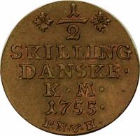 reverse of 1/2 Skilling Danske - Frederik IV (1751 - 1762) coin with KM# 577 from Denmark. Inscription: *1/2* SKILLING DANSKE K.M. 1755. P.N.V.H.