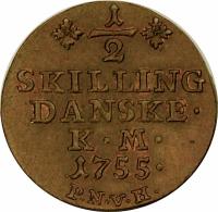 Denmark coin 1/2 Skilling Danske - Frederik IV (1751 - 1762) reverse reverse of 1/2 Skilling Danske - Frederik IV (1751 - 1762) coin with KM# 577 from Denmark. Inscription: *1/2* SKILLING DANSKE K.M. 1755. P.N.V.H.