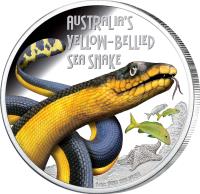 reverse of 1 Dollar - Elizabeth II - Deadly and Dangerous: Yellow-Bellied Sea Snake (2013) coin from Tuvalu. Inscription: AUSTRAILIA'S YELLOW-BELLIED SEA SNAKE 1 OZ 999 SILVER