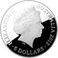 obverse of 5 Dollars - Elizabeth II - Southern Sky Pavo - 4'th Portrait (2013) coin with KM# 1969 from Australia. Inscription: Elizabeth II - Australia 2013 IRB 5 Dollars