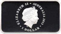obverse of 1 Dollar - Elizabeth II - 100th Anniversary of Australia's First Banknote - 4'th Portrait (2013) coin with KM# 2092 from Australia. Inscription: ELIZABETH II · AUSTRALIA 2013 · 1 DOLLAR IRB