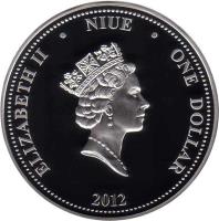 Niue coin 1 Dollar - Elizabeth II - Stars Flight (2012) obverse obverse of 1 Dollar - Elizabeth II - Stars Flight (2012) coin with KM# 767 from Niue. Inscription: ELIZABETH II NIUE ONE DOLLAR 2012