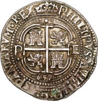 Bolivia coin 8 Reales - Felipe IV (1652 - 1667) obverse obverse of 8 Reales - Felipe IV (1652 - 1667) coin with KM# 21 from Bolivia. Inscription: A O P E 8 52