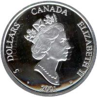obverse of 5 Dollars - Elizabeth II - 100th Anniversary of the First Trans-Atlantic Radio Signal (2001) coin with KM# 435 from Canada. Inscription: 5 DOLLARS CANADA ELIZABETH II 2001