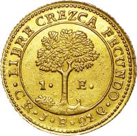Central American Republic coin 1 Escudo (1828 - 1850) reverse reverse of 1 Escudo (1828 - 1850) coin with KM# 14 from Central American Republic. Inscription: · LIBRE CREZCA FECUNDO · 1 · E · CR · J · B · 210