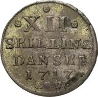 Denmark coin 12 Skilling Danske - Frederik VI (1712 - 1719) reverse reverse of 12 Skilling Danske - Frederik VI (1712 - 1719) coin with KM# 504 from Denmark. Inscription: * *XII* SKILLING DANSKE · 1717 · · CW ·