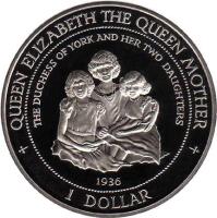 Cook Islands coin 1 Dollar - Elizabeth II - 95th Anniversary of the Birth of the Queen Mother (1995) reverse reverse of 1 Dollar - Elizabeth II - 95th Anniversary of the Birth of the Queen Mother (1995) coin with KM# 266 from Cook Islands. Inscription: QUEEN ELIZABETH THE QUEEN MOTHER THE DUCHESS OF YORK AND HER TWO DAUGHTERS 1936 1 DOLLAR