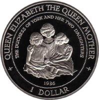 reverse of 1 Dollar - Elizabeth II - 95th Anniversary of the Birth of the Queen Mother (1995) coin with KM# 266 from Cook Islands. Inscription: QUEEN ELIZABETH THE QUEEN MOTHER THE DUCHESS OF YORK AND HER TWO DAUGHTERS 1936 1 DOLLAR