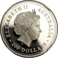 Australia coin 200 Dollars - Elizabeth II - Koala - 4'th Portrait (2000) obverse obverse of 200 Dollars - Elizabeth II - Koala - 4'th Portrait (2000) coin from Australia. Inscription: ELIZABETH II AUSTRALIA IRB · 200 DOLLARS ·