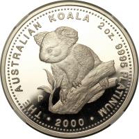 reverse of 200 Dollars - Elizabeth II - Koala - 4'th Portrait (2000) coin from Australia. Inscription: THE AUSTRALIAN KOALA 2 oz. 9995 PLATINUM P · 2000 ·