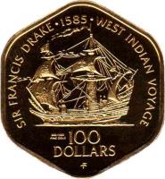 British Virgin Islands coin 100 Dollars - Elizabeth II - 400th Anniversary of Sir Francis Drake's West Indian Voyage (1985) reverse reverse of 100 Dollars - Elizabeth II - 400th Anniversary of Sir Francis Drake's West Indian Voyage (1985) coin with KM# 74 from British Virgin Islands. Inscription: SIR FRANCIS DRAKE · 1585 · WEST INDIAN VOYAGE 900/1000 FINE GOLD 100 DOLLARS