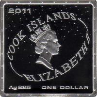 Cook Islands coin 1 Dollar - Elizabeth II - 50th Anniversary of the First Man in Space (2011) obverse obverse of 1 Dollar - Elizabeth II - 50th Anniversary of the First Man in Space (2011) coin from Cook Islands. Inscription: 2011 COOK ISLANDS ELIZABETH II Ag 925 ONE DOLLAR