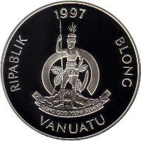 obverse of 10 Vatu - Queen Elizabeth the Queen Mother (1997) coin from Vanuatu. Inscription: RIPABLIK BLONG VANUATU 1997