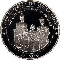 reverse of 10 Vatu - Queen Elizabeth the Queen Mother (1997) coin from Vanuatu. Inscription: QUEEN ELIZABETH THE QUEEN MOTHER THE OFFICIAL CORONATION PORTRAIT 10 VATU