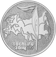 Russia coin 25 Roubles - 2014 Winter Olympics, Sochi: Olympic Torch (2014) reverse reverse of 25 Roubles - 2014 Winter Olympics, Sochi: Olympic Torch (2014) coin with Y# 1501 from Russia. Inscription: SOCHI.RU 2014