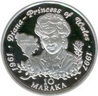 reverse of 10 Maraka - Princess Diana (1998) coin with KM# 99 from Bosnia and Herzegovina. Inscription: 1961 · Diana - Princess of Wales · 1997 · 10 MARAKA