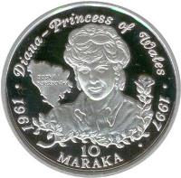 Bosnia and Herzegovina coin 10 Maraka - Princess Diana (1998) reverse reverse of 10 Maraka - Princess Diana (1998) coin with KM# 99 from Bosnia and Herzegovina. Inscription: 1961 · Diana - Princess of Wales · 1997 · 10 MARAKA