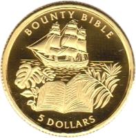 Pitcairn Islands coin 5 Dollars - Elizabeth II - Bounty Bible (2005) reverse reverse of 5 Dollars - Elizabeth II - Bounty Bible (2005) coin with KM# 50 from Pitcairn Islands. Inscription: BOUNTY BIBLE 5 DOLLARS