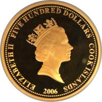 obverse of 500 Dollars - Elizabeth II - The Legends of Golf: Jack Nicklaus (2006) coin with KM# 548 from Cook Islands. Inscription: ELIZABETH II FIVE HUNDRED DOLLARS COOK ISLANDS 2006