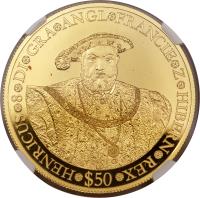 Cook Islands coin 50 Dollars - Elizabeth II - Henry VII (2006) reverse reverse of 50 Dollars - Elizabeth II - Henry VII (2006) coin with KM# 1624 from Cook Islands. Inscription: · HENRICUS · 8 · DI · GRA · ANGL · FRANCIE · Z · HIBERN · REX · $50