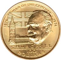 Cook Islands coin 100 Dollars - Elizabeth II - 100th Anniversary of the Birth of Winston Churchill (1974) reverse reverse of 100 Dollars - Elizabeth II - 100th Anniversary of the Birth of Winston Churchill (1974) coin with KM# 12 from Cook Islands. Inscription: 1874 MAN OF THE CENTURY · 1974 CHURCHILL 100 DOLLARS