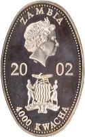 obverse of 4000 Kwacha - Elizabeth II - 50th Anniversary of the Accession of Queen Elizabeth II: Millennium Revels (2002) coin from Zambia. Inscription: ZAMBIA 20 02 4000 KWACHA