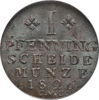 reverse of 1 Pfennig - Karl II (1823 - 1830) coin with KM# 1098 from German States. Inscription: *I* PFENNING SCHEIDE MÜNZE 1823 C.v.C.