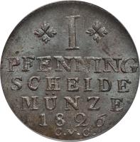 German States coin 1 Pfennig - Karl II (1823 - 1830) reverse reverse of 1 Pfennig - Karl II (1823 - 1830) coin with KM# 1098 from German States. Inscription: *I* PFENNING SCHEIDE MÜNZE 1823 C.v.C.