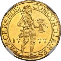 Dutch Republic coin 2 Dukaten (1749 - 1758) obverse obverse of 2 Dukaten (1749 - 1758) coin with KM# 47 from Dutch Republic. Inscription: CONCORDIA RES PAR CRES HOL