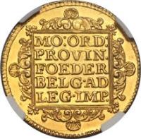 Dutch Republic coin 2 Dukaten (1749 - 1758) reverse reverse of 2 Dukaten (1749 - 1758) coin with KM# 47 from Dutch Republic. Inscription: MO:ORD:/ PROVIN./ FOEDER/ BELGAD/ LEGIMP
