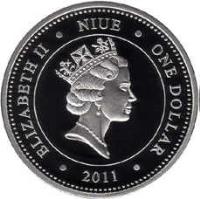 Niue coin 1 Dollar - Elizabeth II - Prehistoricic Art Cave Paintings: Cave of Chauvet (2011) obverse obverse of 1 Dollar - Elizabeth II - Prehistoricic Art Cave Paintings: Cave of Chauvet (2011) coin with KM# 435 from Niue. Inscription: ELIZABETH II NIUE ONE DOLLAR 2011