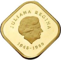 Netherlands Antilles coin 300 Guilders - Juliana - Abdication of Queen Juliana (1980) obverse obverse of 300 Guilders - Juliana - Abdication of Queen Juliana (1980) coin with KM# 29 from Netherlands Antilles. Inscription: JULIANA REGINA 1948-1980