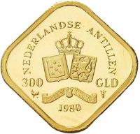 reverse of 300 Guilders - Juliana - Abdication of Queen Juliana (1980) coin with KM# 29 from Netherlands Antilles. Inscription: NEDERLANDSE ANTILLEN 300 GLD LIBERTATE UNANIMUS 1980