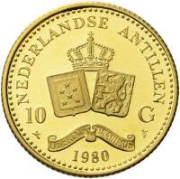 Netherlands Antilles coin 10 Guilders - Beatrix - Accession of Queen Beatrix (1980) reverse reverse of 10 Guilders - Beatrix - Accession of Queen Beatrix (1980) coin with KM# 27 from Netherlands Antilles. Inscription: NEDERLANDSE ANTILLEN 10 G LIBERTATE UNANIMUS 1980