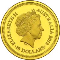 Australia coin 10 Dollars - Elizabeth II - Bicentenary of the Holey Dollar and Dump - 4'th Portrait (2013) obverse obverse of 10 Dollars - Elizabeth II - Bicentenary of the Holey Dollar and Dump - 4'th Portrait (2013) coin with KM# 2027 from Australia. Inscription: ELIZABETH II * AUSTRALIA 2013 10 DOLLARS