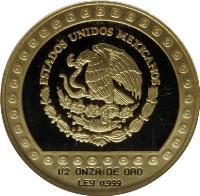 obverse of 500 Pesos - Pre-Columbian Aztec: Jaguar (1992) coin with KM# 559 from Mexico. Inscription: ESTADOS UNIDOS MEXICANOS 1/2 DE ONZA DE ORO LEY 0.999