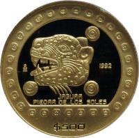 reverse of 500 Pesos - Pre-Columbian Aztec: Jaguar (1992) coin with KM# 559 from Mexico. Inscription: Mo 1992 JAGUAR PIEDRA DE LOS SOLES $500