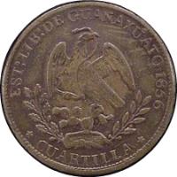 obverse of 1/4 Real - Quarto/Quartilla; Guanajuato (1856 - 1857) coin with KM# 352 from Mexico. Inscription: EST.L.B.DE.GUANAXUATO