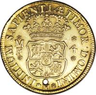 Mexico coin 4 Escudos - Fernando VI (1747) reverse reverse of 4 Escudos - Fernando VI (1747) coin with KM# 136 from Mexico. Inscription: *MF* *4* INITIUM SAPIENTIÆ TIMOR DOMINI