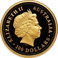 obverse of 100 Dollars - Elizabeth II - Australian Nugget: Gold rush - 4'th Portrait (2001) coin from Australia. Inscription: ELIZABETH II AUSTRALIA 100 DOLLARS