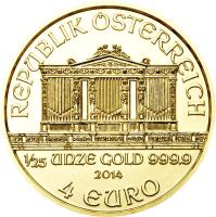 Austria coin 4 Euro - Vienna Philharmonic (2014) obverse obverse of 4 Euro - Vienna Philharmonic (2014) coin with KM# 3226 from Austria. Inscription: REPUBLIK ÖSTERREICH 1/25 UNZE GOLD 999.9 2014 4 EURO