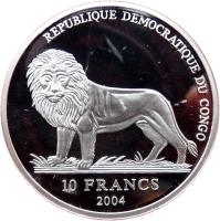 obverse of 10 Francs - 2006 World Cup, Germany (2004) coin from Congo - Democratic Republic. Inscription: REPUBLIQUE DEMOCRATIQUE DU CONGO 2004