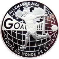 reverse of 10 Francs - 2006 World Cup, Germany (2004) coin from Congo - Democratic Republic. Inscription: ALLEMAGNE 2006 GOAL COUPE DU MONDE DE LA FIFA