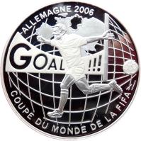 Congo - Democratic Republic coin 10 Francs - 2006 World Cup, Germany (2004) reverse reverse of 10 Francs - 2006 World Cup, Germany (2004) coin from Congo - Democratic Republic. Inscription: ALLEMAGNE 2006 GOAL COUPE DU MONDE DE LA FIFA