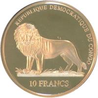 obverse of 10 Francs - 2008 Summer Olympics, Beijing: Biking (2006) coin from Congo - Democratic Republic. Inscription: REPUBLIQUE DEMOCRATIQUE DU CONGO 10 FRANCS